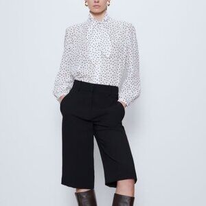Zara Women's White Black Polka Dot Long Sleeve Button Tie Neck Blouse Sz XS